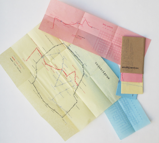 Cartographie et grilles horaires des transports dans Coquecigrue, utopie. dessin à la machine à écrire sur papier pelure. © Florence Boudet