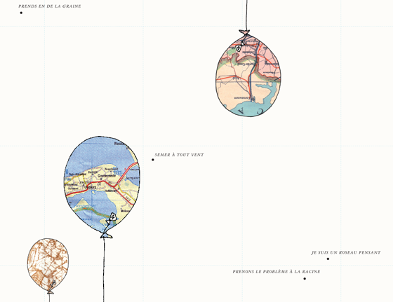 Cartographie imaginaire pour documenter un happening lâcher de ballons, à Bruxelles. © Florence Boudet