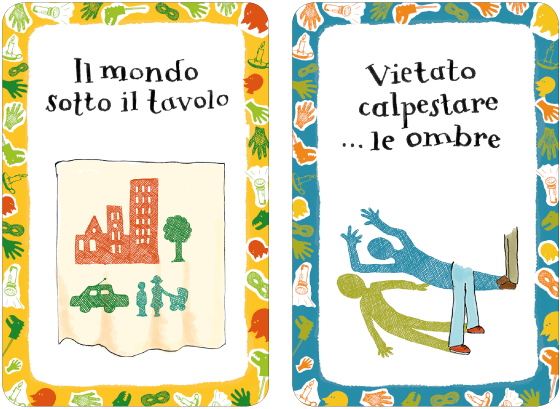 Illustrations et lettrages de 52 cartes-activités, "jeux d'ombre et de lumière", publié par Magazzini Salani Editore, par Florence Boudet