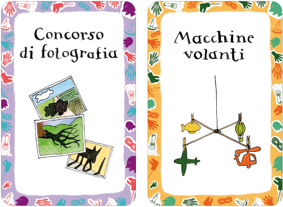 Illustrations et lettrages de 52 cartes-activités, "jeux d'ombre et de lumière", publié par Magazzini Salani Editore, par Florence Boudet