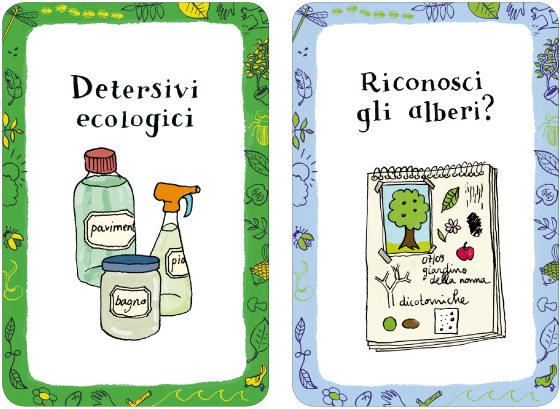 Illustrations et lettrages de 52 cartes-activités, "découverte nature", publié par Magazzini Salani Editore, par Florence Boudet