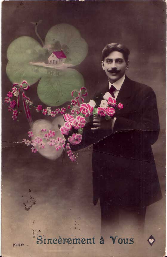 Florence Boudet - FLO-FLO - vintage postcard - friendship - old - colored - flowers - faded - poetic - correspondence - romantic - clover - moustache