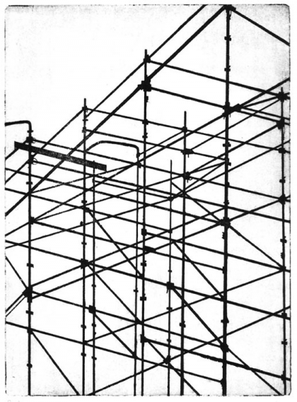 Gravure taille douce sur zinc imprimée, paysage cartographique à Milan : échaffaudages. © Florence Boudet