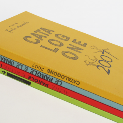 Couvertures des différents catalogues annuels des éditions jeunesse Topipittori. © Florence Boudet