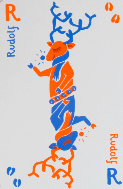 Cartes atouts de noël sérigraphiés en deux passages couleurs : renne Rudolf ©Florence Boudet