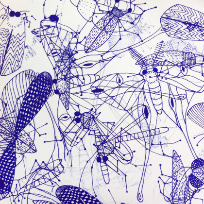 Nuée d'insectes, superposition. Tirage sérigraphié en bleu cobalt ©Florence Boudet